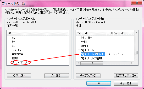 フィールドの一致