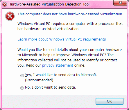 This computer does not have hardware-assisted virtualization